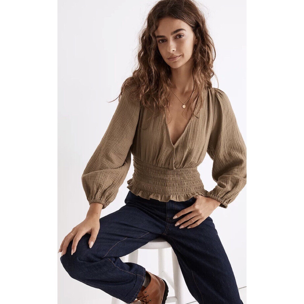 Madewell (Green) Lightspun Julianne Smocked-Waist Top
